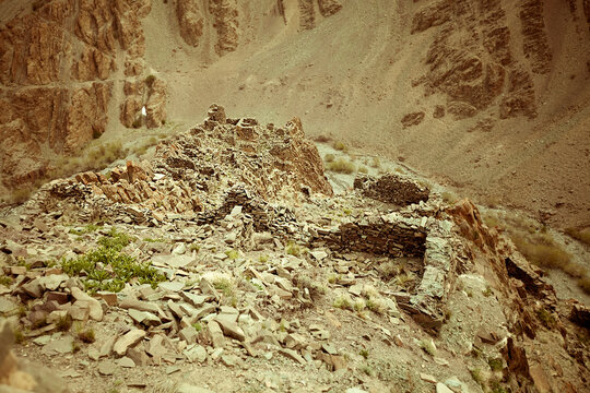 Ruins on the mountains above the Stok trail near Leh, Ladakh, Jammu & Kashmir, India