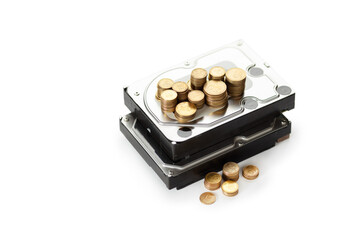 Mining chia coin. Hard disk drive and money on white background.