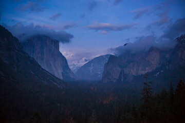 Night Beginning Winter in Yosemite Valley, Yosemite National Park, California.