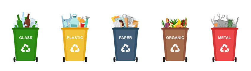 Set of garbage bins for recycling different types of waste. Sorting and recycling waste, vector illustration - obrazy, fototapety, plakaty