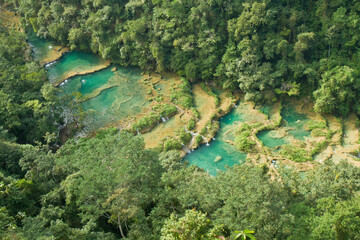 An overhead view of Semuc Champey, a natural monument on the Cahabon River near Lanquin, Guatemala.