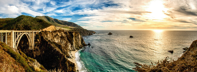 The Bixby Creek Bridge with it's famous back drop of the Pacific Ocean along California's dramatic Big Sur coast.