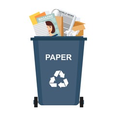Garbage bin with paper waste, recycling garbage, vector illustration