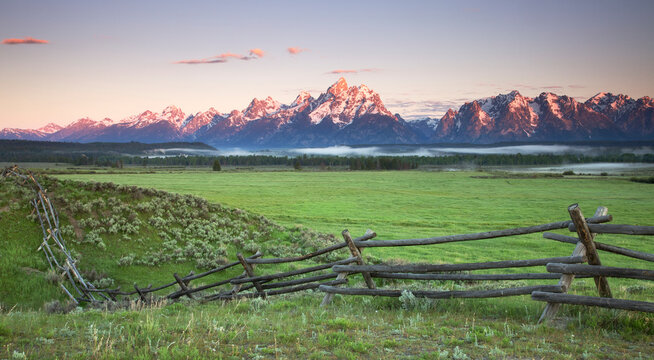 Scenic landscape image of first light at Snake River Meadows, Triangle X Ranch, Grand Teton National Park, Wyoming.