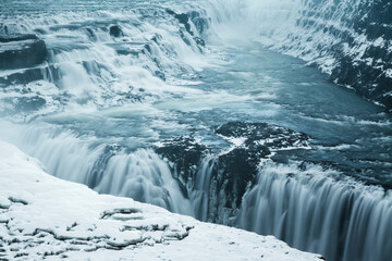 Waterfall Gullfoss in winter. Arnessysla. Iceland.