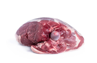 Half leg of raw lamb isolated on white