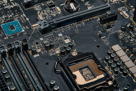 computer motherboard with microcircuit, close up