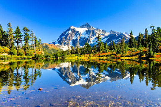 North Cascades National Park, Washington: Mount Shuksan's reflection on Picture Lake in the fall.