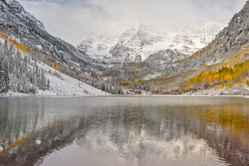 An overnight snowfall on the first day of October created this beautiful scene at the Maroon Bells.