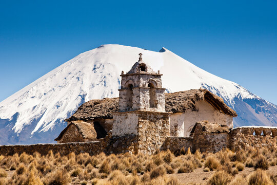 An old colonial-era church located on the high-altitude Altiplano in Sajama National Park in Bolivia.