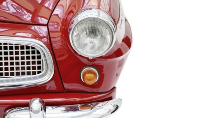 A front view of a red shiny vintage car, isolated on a white background. Part of shiny red vintage car, front view. 
