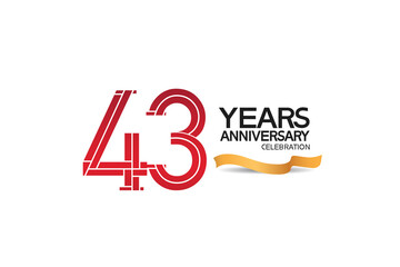 43 years anniversary template with red color number and golden ribbon. vector can be use for template, company special event and celebration moment