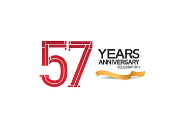 57 years anniversary template with red color number and golden ribbon. vector can be use for template, company special event and celebration moment