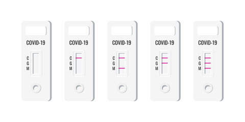 Rapid covid antigen tests result set. Express test showed a positive, negative and invalid result. Covid-19 test for detecting IgM IgG antibodies isolated on white background. Flat vector illustration