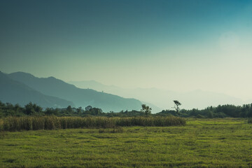 Panorama overlooking the mountains in the clouds. Landscape of the Caucasus Mountains. Fall. Day Georgia.