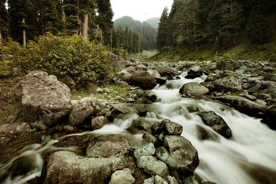 A small mountain stream above the village of Pahalgam in Kashmir, India.