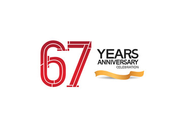 67 years anniversary template with red color number and golden ribbon. vector can be use for template, company special event and celebration moment