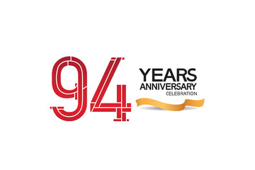 Fototapeta na wymiar 94 years anniversary template with red color number and golden ribbon. vector can be use for template, company special event and celebration moment