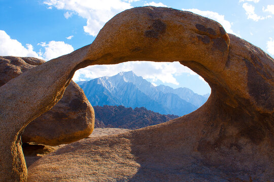 Mobius Arch, Mt. Whitney, Alabama Hills, Lone Pine, CA: Golden hour sunset shot of Mt. Whitney as framed by Mobius Arch in foreground
