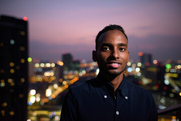 Portrait of handsome African businessman outdoors at rooftop smiling