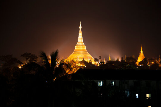 The Shwedagon Pagoda at night in the city of Yangon in Burma (Myanmar)
