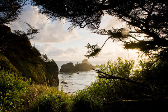 The rugged coast of Oregon at Ecola State Park on the Pacific Ocean at sunset.