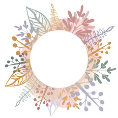 Floral circle frame for wedding invitation. Plant wreath vector illustration for greeting cards