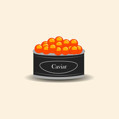 Vector illustration of a can of red salmon caviar. Russian national delicacy. premium packaging. Рard roe. White isolated. 