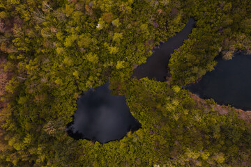 Aerial of Small Ponds Surrounded by Forest on Former Coal Strip Mine Site - Wayne National Forest - Hanging Rock, Ohio - 432030166