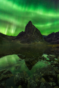 A dazzling aurora blankets the night sky reflected in a lake below in the wilderness of the Ogilvie Mountains, Yukon Territory.