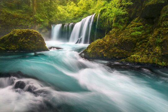 The fierce flow and aquamarine water of Spirit Falls on the Washington side of the Columbia Gorge.