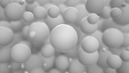 Abstract while background wallpaper with white round spheres or flying balls with dof and focus