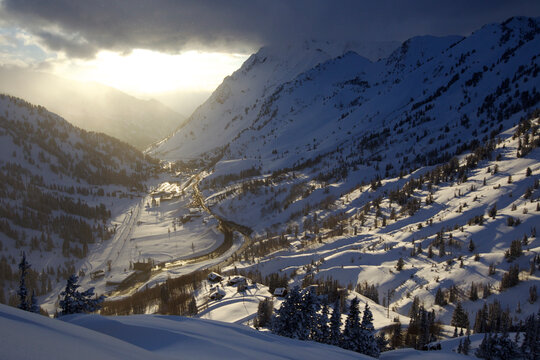 Winter Landscape image of Little Cottonwood Canyon with Alta Ski Area at Sunset.