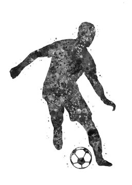 Soccer Player black and white watercolor art, abstract sport painting. sport art print, watercolor illustration artistic, greyscale, decoration wall art.