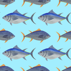 world tuna day. Tuna fish. Seamless pattern with tuna fishes. Watercolor hand-drawn illustration. Background for textile, paper, baby and kid clothes, wallpaper