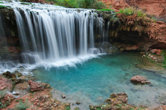 A scenic view of Rock Falls, located on the Havasupai Indian Reservation near Grand Canyon National Park, Arizona.