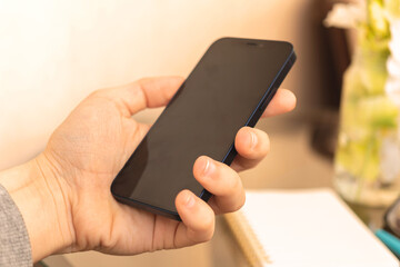 Man using blank smartphone on the fashion home interior background