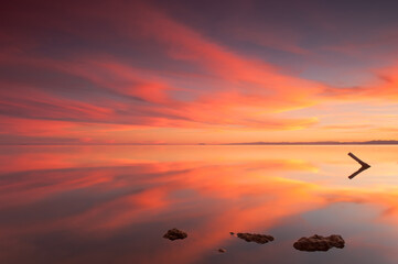 Reflected sunset on the Salton Sea, California