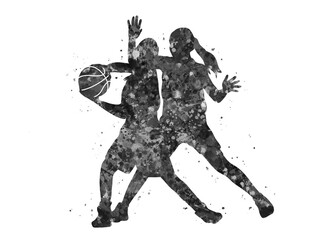 Basketball player girl black and white watercolor art, abstract sport painting. sport art print, watercolor illustration artistic, greyscale, decoration wall art.