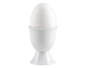 Egg cup. Ceramic eggcup for breakfast. Holder stand for boiled chicken eggs on white isolated background. Macro close-up photography.