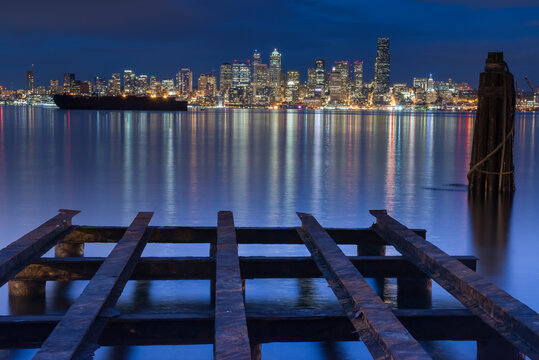 The Seattle skyline at night, looking across Elliot Bay from West Seattle.