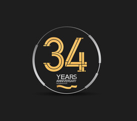 34 years golden anniversary logotype golden number and silver ring. vector can be use for template, company special event and celebration moment