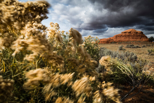 Rock formations in Monticello, Utah painted with light during an on coming desert storm as seen from a country road