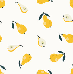 Seamless pattern of pears isolated on beige background. Hand-drawn fruits in flat style. Concept of healthy eating, gardening, summertime. Suitable for web and print design.