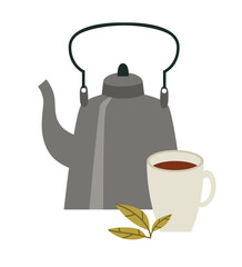 Vector illustration of a kettle with a cup of tea and tea leaves isolated on white. Hand-drawn illustration in flat style. Suitable for cafes, coffee producers, and shops.