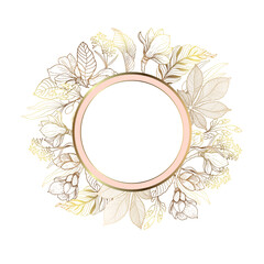 Gold frame. 3D paper cut. Leaves and flowers from golden threads. White background. Round frame with summer flowers in vintage style. Vector illustration. Place for an inscription.
