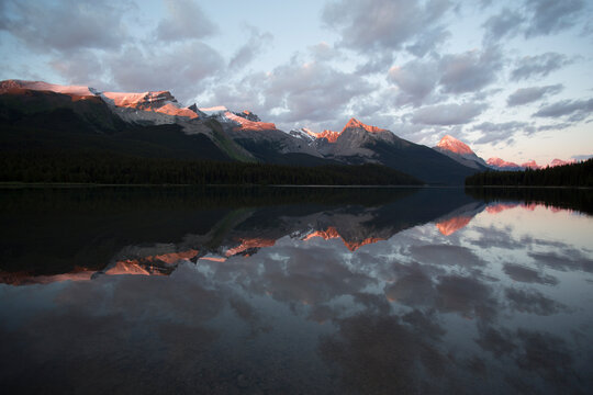 The Last Light Of A Summer Day Tips The Mountains Above Maligne Lake. Jasper National Park, Canada.