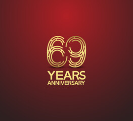 69 years golden anniversary logotype with labyrinth style number isolated on red background. vector can be use for template, company special event and celebration moment