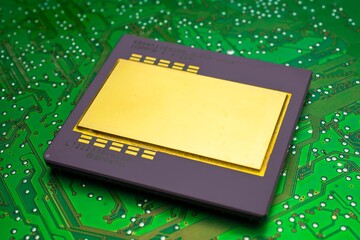 large, gold-plated ceramic processor. intel pentium pro on green PCB. gold recovery and recycling