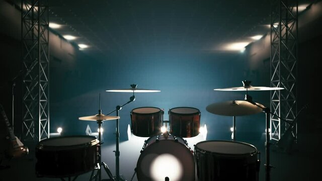 Close-up of a drum kit. Drum kit against the light. Drum set equipment in studio no people. Different musical instruments on a stage. 3d visualization